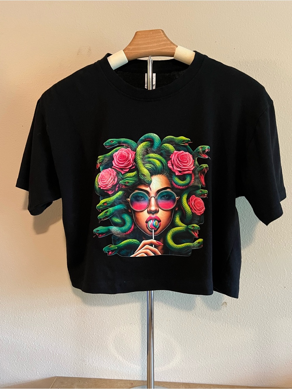 Black Graphic Crop Top with Colorful Medusa Print